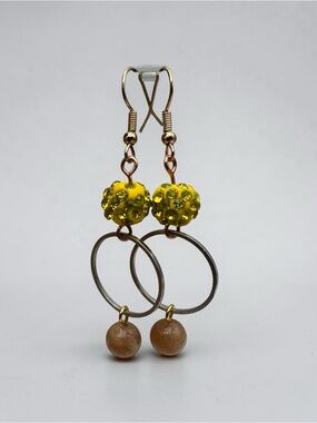 Yellow  Beaded Hoop Earrings with Beige Gemstone – Handmade Boho Jewelry
